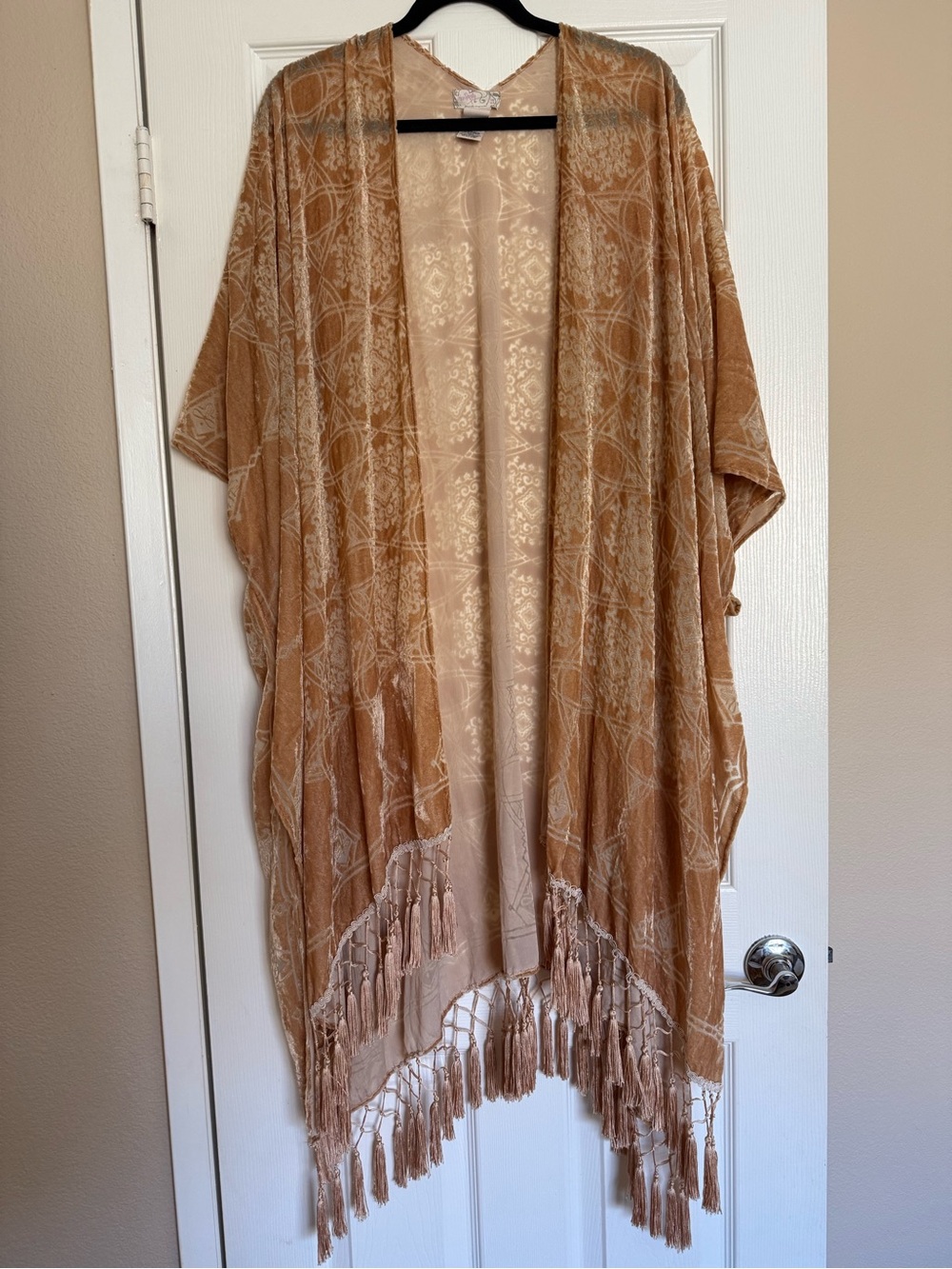Free People Tan Velvet Burnout Fringe Kimono
